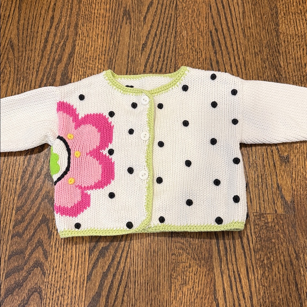 White Art Walk Baby Cardigan with Pink Flower and Black Polka Dots 6-9 Months